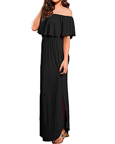 Kidsform Femme Robe Longue d'été Boheme Grande Taille Manches Courtes Chic Maxi Robe de Plage Fleurie Col Bateau Plissé Casual A-Noir 36 EU (Fabricant: Taille S)