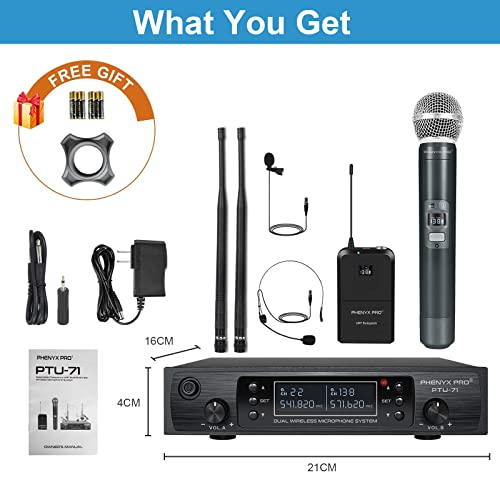 Wireless Microphone System, Phenyx Pro Dual Channel Cordless Mic Set with Handheld/Bodypack/Headset/Lapel, 2x100 Channels, Auto Scan, Lock Function, 328ft Coverage, Ideal for Events, Church (PTU-71B)