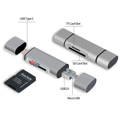 3 in 1 Card Reader,USB Type C, Micro-USB & USB Combo to 2-Slot TF/SD Card Reader OTG Card Adapter, Supporting Simultaneous Read and Write(Silver)