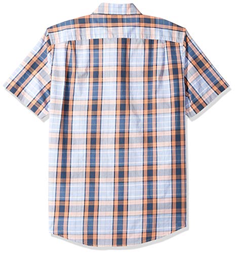 Amazon Essentials Men's Slim-Fit Short-Sleeve Plaid Casual Poplin Shirt, Coral/Navy, Large
