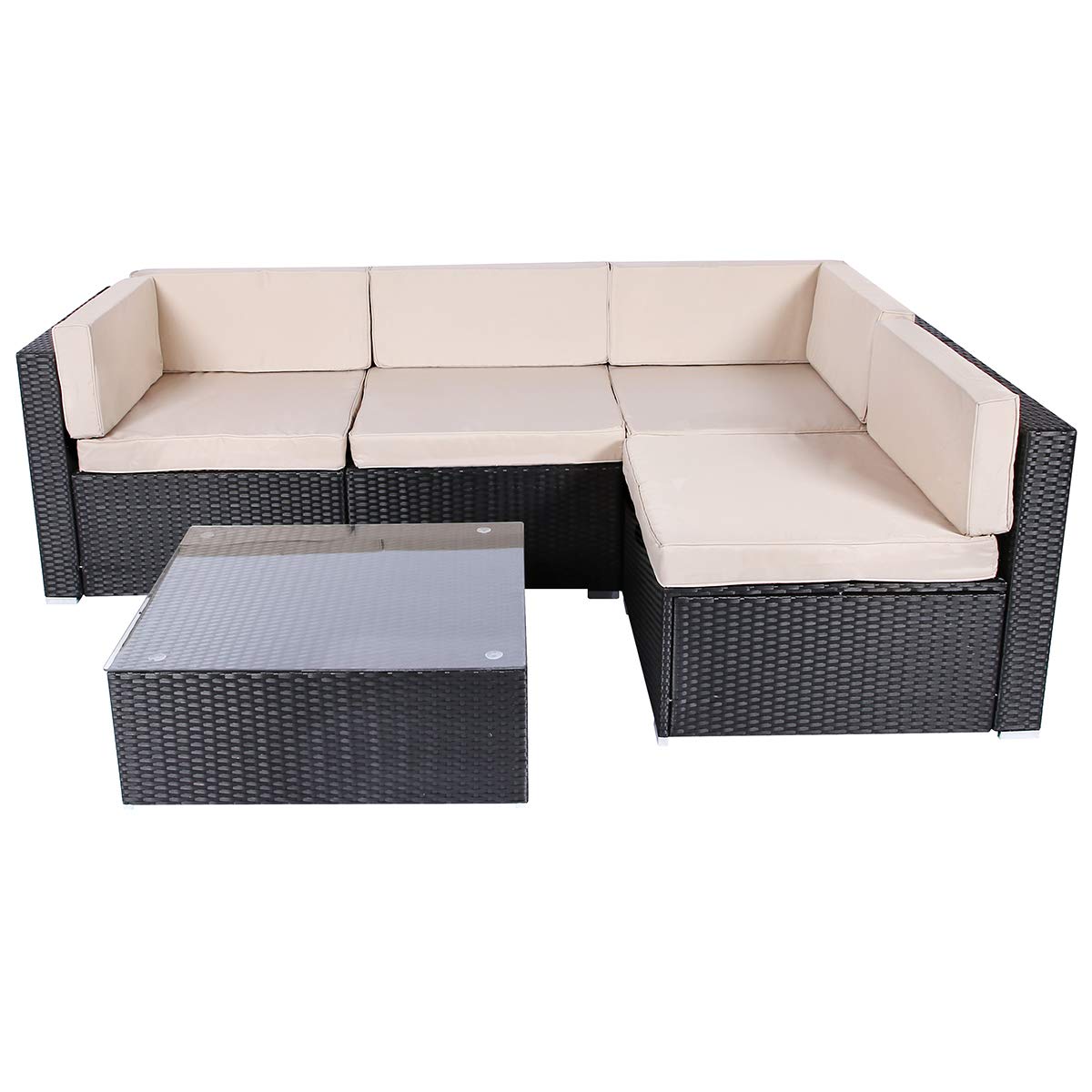 AECOJOY 5 Pieces PE Rattan Wicker Patio Furniture Sets Outdoor Sectional Furniture Conversation Chair Set with Cushions and Tea Table, Black