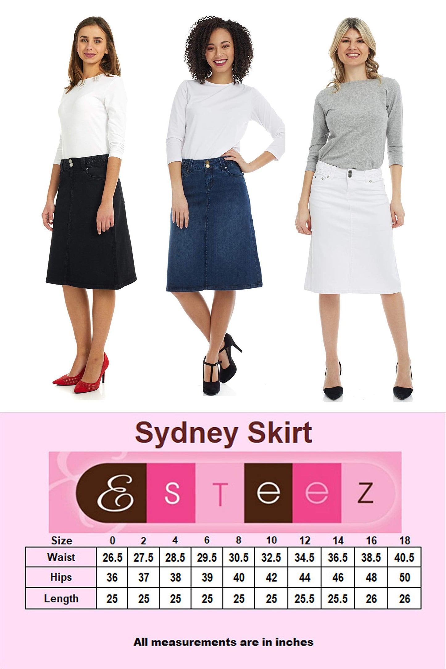 ESTEEZ Women’s Denim Skirt – A Line Jean - Below Knee Sydney Black 0