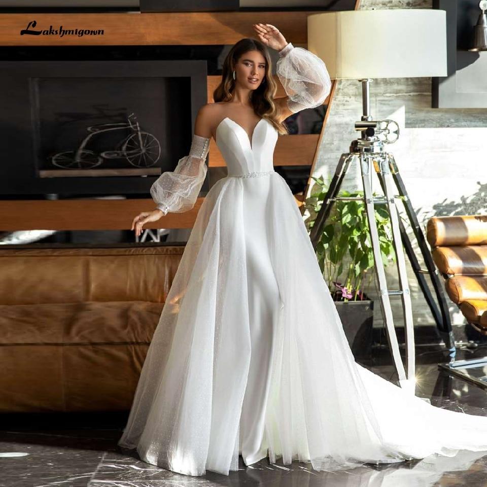 African White Satin Mermaid Wedding Dress 2 In 1Puffy Sleeves