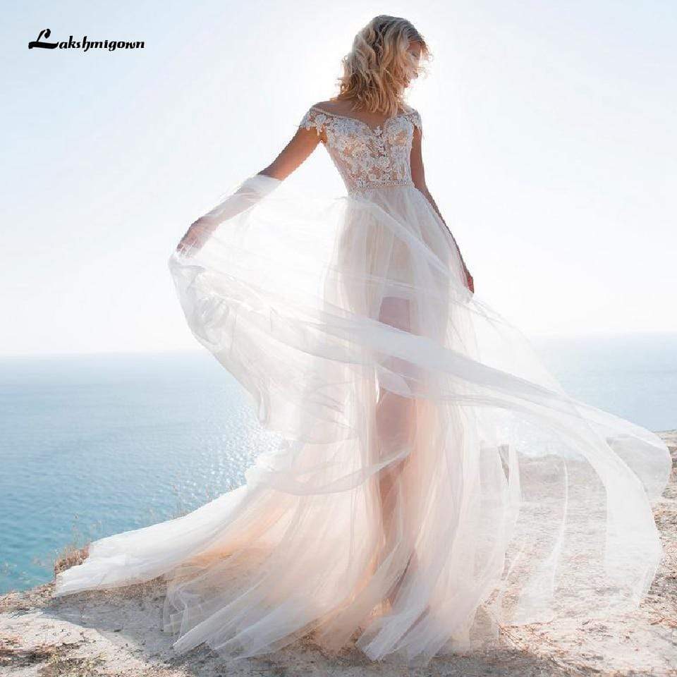 Beach Short Wedding Dress 2 In 1 With Detachable Skirt Sexy Lace