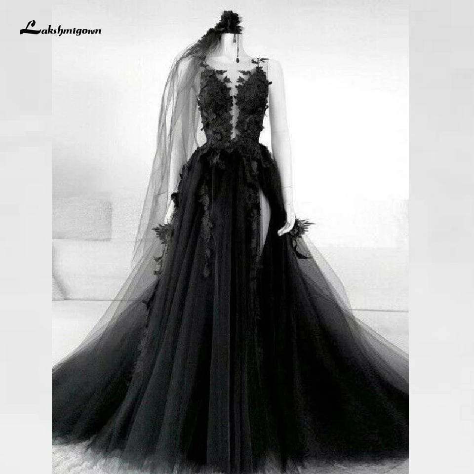 Floral Gothic Black Wedding Dress