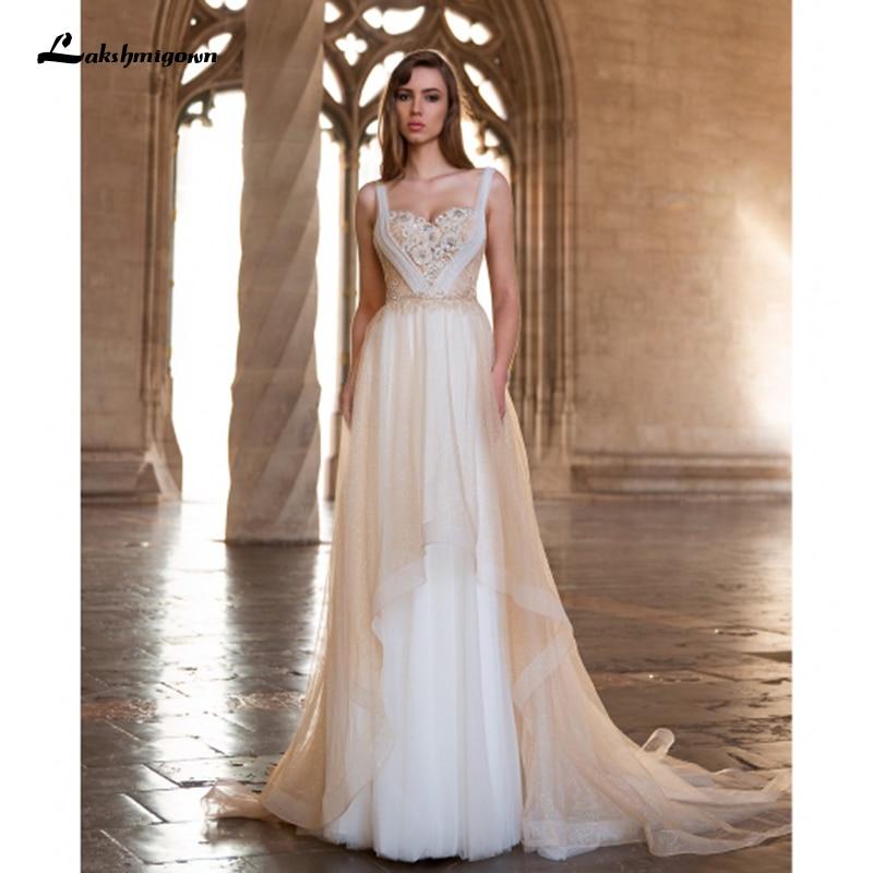 Champange Wedding Dresses Sheer Neck Shiny Tulle Bride Dress Simple Boho Bridal Gown Vestido De Fiesta De Boda