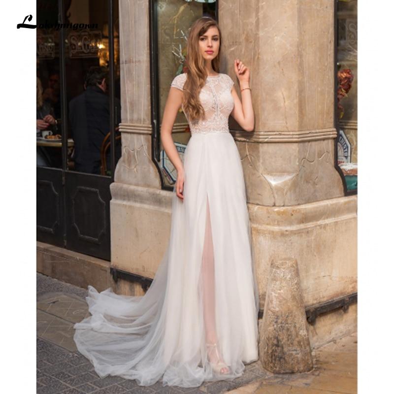 Lace Wedding Dresses High Neck A Line High Slit