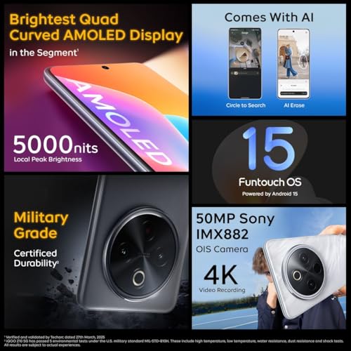 iQOO Z10 5G (Silver, 8GB RAM, 128GB Stroage) | India's Biggest Ever 7300 mAh Battery | Snapdragon 7s Gen 3 Processor | Brightest Quad Curved AMOLED Display in The Segment : Amazon.in