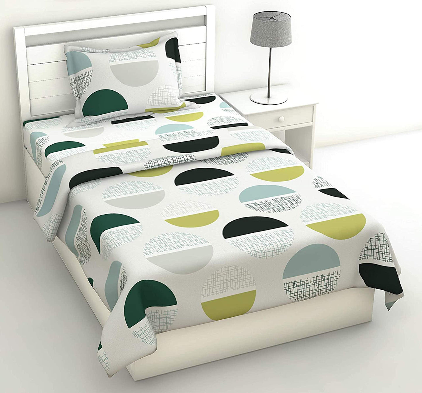 LORETO - A QUALITY LINEN BRAND 100% Cotton Bedsheet for Single Bed, 1 Single Bedsheet with 1 Pillow Cover | 144 TC Single Bedsheet Cotton, Hawaiian Blue and Pale Yellow Circle