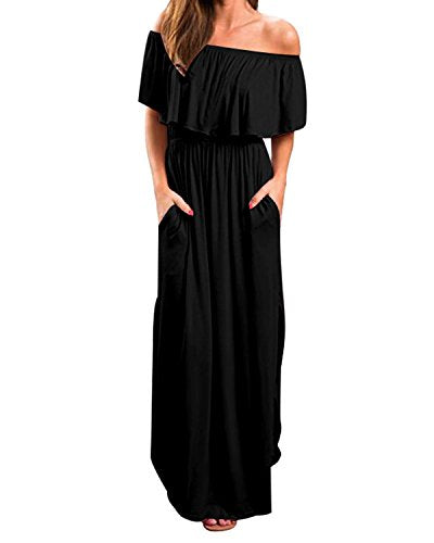 Kidsform Femme Robe Longue d'été Boheme Grande Taille Manches Courtes Chic Maxi Robe de Plage Fleurie Col Bateau Plissé Casual A-Noir 36 EU (Fabricant: Taille S)