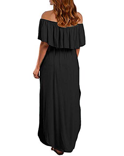 Kidsform Femme Robe Longue d'été Boheme Grande Taille Manches Courtes Chic Maxi Robe de Plage Fleurie Col Bateau Plissé Casual A-Noir 36 EU (Fabricant: Taille S)