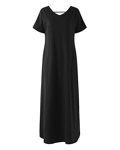 Kidsform Femme Robe ete Maxi Casual Manche Courte Col V Dress Plage Poche Tunique Longue, Noir, 44 EU (Fabricant: Taille XL)