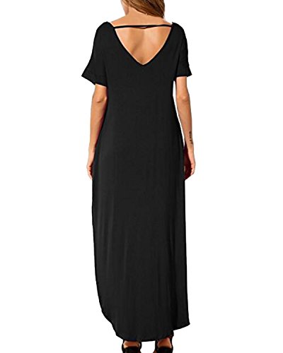 Kidsform Femme Robe ete Maxi Casual Manche Courte Col V Dress Plage Poche Tunique Longue, Noir, 44 EU (Fabricant: Taille XL)