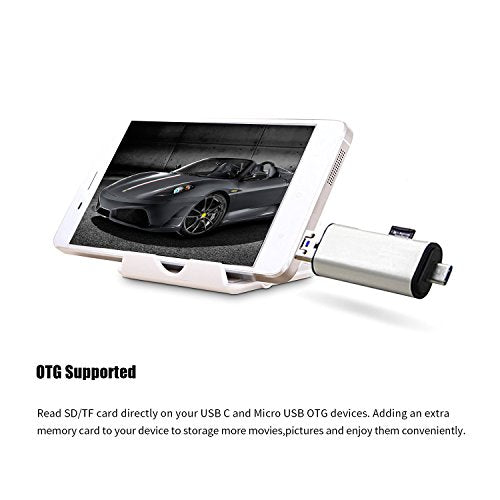 3 in 1 Card Reader,USB Type C, Micro-USB & USB Combo to 2-Slot TF/SD Card Reader OTG Card Adapter, Supporting Simultaneous Read and Write(Silver)