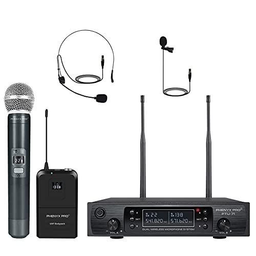 Wireless Microphone System, Phenyx Pro Dual Channel Cordless Mic Set with Handheld/Bodypack/Headset/Lapel, 2x100 Channels, Auto Scan, Lock Function, 328ft Coverage, Ideal for Events, Church (PTU-71B)