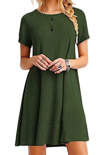 YMING Femme Robe Manches Courtes Robe Tunique T-Shirt Col Rond Style Basique Vert Armée M/FR 38