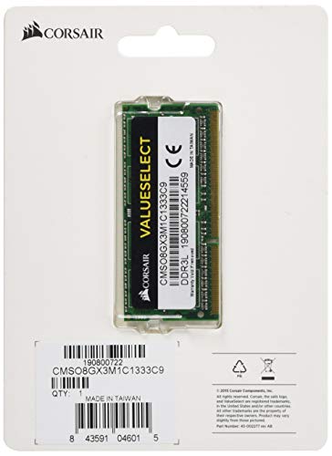 Corsair CMSO8GX3M1C1333C9 Value Select 8 GB (1 x 8 GB) DDR3L 1600 Mhz Unbuffered C9 204 Pin SODIMM Module -Green
