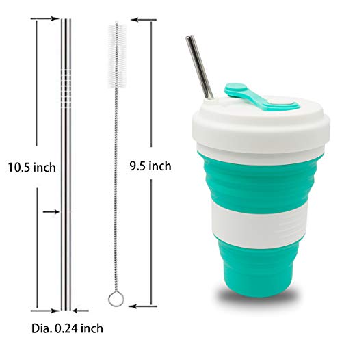 Crenics Collapsible Travel Cup - 2 Pack Silicone Folding Camping Cup Sport Bottle with Lids - Expandable Scald-Proof Drinking Cup - Portable Bottle with 2 Stainless Steel Straws and 1 Straw Brush