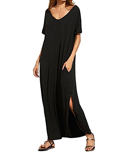 Kidsform Femme Robe ete Maxi Casual Manche Courte Col V Dress Plage Poche Tunique Longue, Noir, 44 EU (Fabricant: Taille XL)