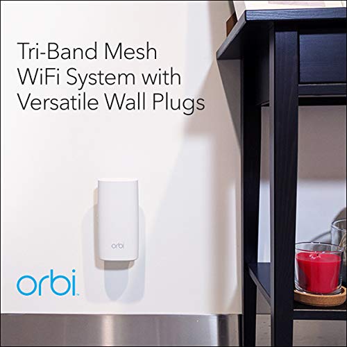 NETGEAR Orbi Tri-band Whole Home Mesh WiFi System, with Wall Plugs (RBK33) – Router replacement covers up to 5,000 sq. ft. 3-pack includes 1 router & 2 wall plug satellites, White