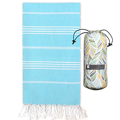 Beach Set: Turquoise and Green Turkish Beach Towel with Travel Bag + Pink Hasir Turkish Towel Blanket