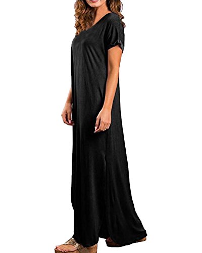 Kidsform Femme Robe ete Maxi Casual Manche Courte Col V Dress Plage Poche Tunique Longue, Noir, 44 EU (Fabricant: Taille XL)