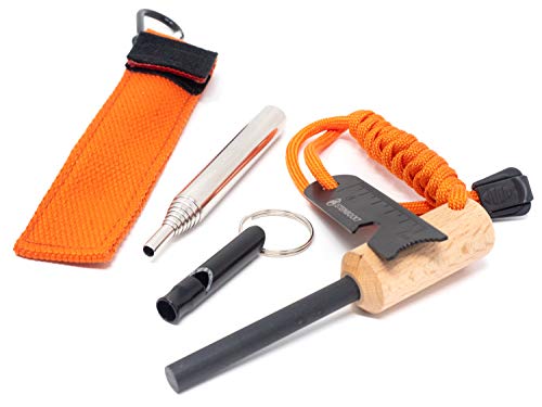 STEINBOCK7 Feuerstahl Bushcraft Pfeife Set – Magnesium Feuerstein am Paracord mit Anzünd Blasrohr und Signalpfeife