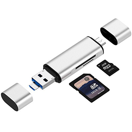 3 in 1 Card Reader,USB Type C, Micro-USB & USB Combo to 2-Slot TF/SD Card Reader OTG Card Adapter, Supporting Simultaneous Read and Write(Silver)