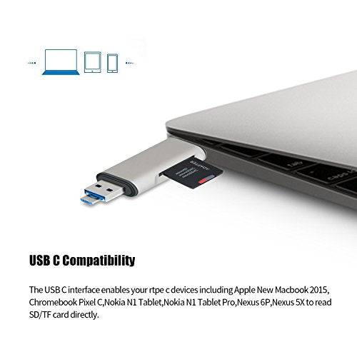 3 in 1 Card Reader,USB Type C, Micro-USB & USB Combo to 2-Slot TF/SD Card Reader OTG Card Adapter, Supporting Simultaneous Read and Write(Silver)