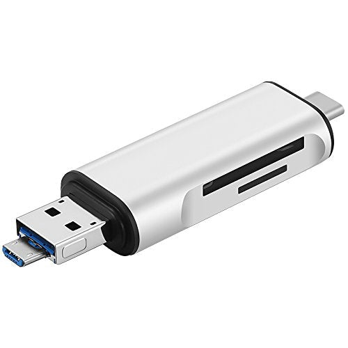 3 in 1 Card Reader,USB Type C, Micro-USB & USB Combo to 2-Slot TF/SD Card Reader OTG Card Adapter, Supporting Simultaneous Read and Write(Silver)
