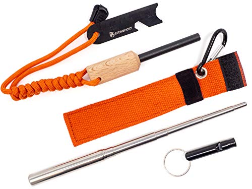 STEINBOCK7 Feuerstahl Bushcraft Pfeife Set – Magnesium Feuerstein am Paracord mit Anzünd Blasrohr und Signalpfeife