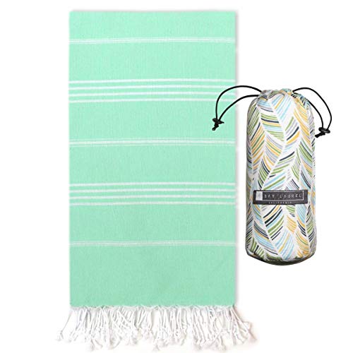Beach Set: Turquoise and Green Turkish Beach Towel with Travel Bag + Pink Hasir Turkish Towel Blanket
