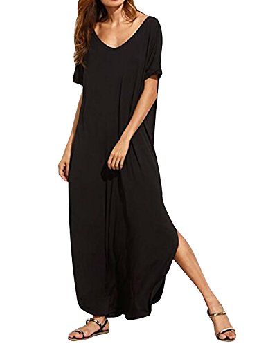 Kidsform Femme Robe ete Maxi Casual Manche Courte Col V Dress Plage Poche Tunique Longue, Noir, 44 EU (Fabricant: Taille XL)