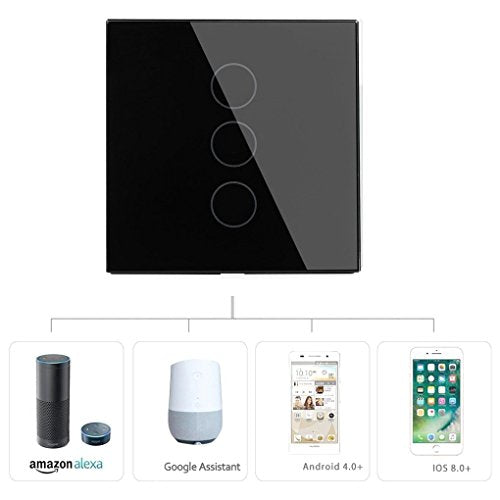 Kidult Smart WiFi Touch Switch Glass Panel, Supported Amazon Alexa, Google Home, iOS Android App (3 Gang, 1pcs, Black)
