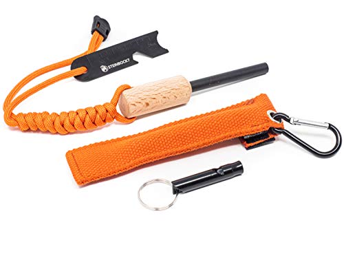 STEINBOCK7 Feuerstahl Bushcraft Pfeife Set – Magnesium Feuerstein am Paracord mit Anzünd Blasrohr und Signalpfeife
