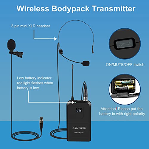Wireless Microphone System, Phenyx Pro Dual Channel Cordless Mic Set with Handheld/Bodypack/Headset/Lapel, 2x100 Channels, Auto Scan, Lock Function, 328ft Coverage, Ideal for Events, Church (PTU-71B)