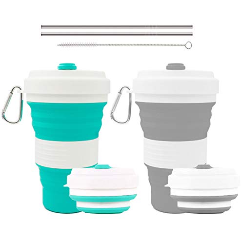 Crenics Collapsible Travel Cup - 2 Pack Silicone Folding Camping Cup Sport Bottle with Lids - Expandable Scald-Proof Drinking Cup - Portable Bottle with 2 Stainless Steel Straws and 1 Straw Brush