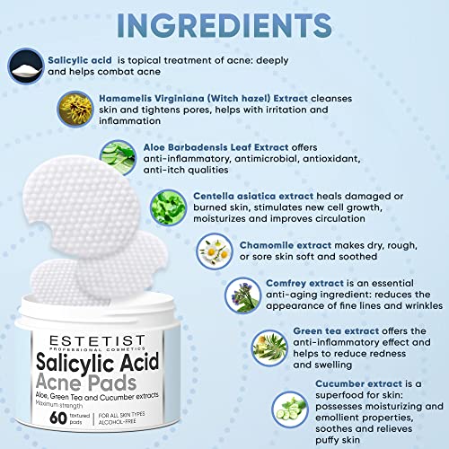 Salicylic Acid Acne Pads Maximum Strength Facial Peel Resurfacing & Exfoliating Radiance Pads Daily Skin Care Treatment Сlean Pores Blackheads Prevention Face Wash Wipes For Teens Women & Men 60 Count
