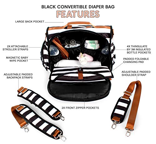 Convertible Diaper Bag by Blissly for Baby Girls, Boys, Twins, Moms & Dads. 13 Total Pockets Including 4 Thinsulate by 3M Insulated Bottle Pockets, Wipe Pocket, Stroller Straps & Changing Pad.