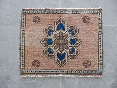 Turkish Oushak Square Kitchen and Bathroom Mat, Miniature Petite Boho Rug, Bohemian Handwoven Rugs, Mini Area Rug Table Carpet 17'' x 21'' (42 x 54 Cm)