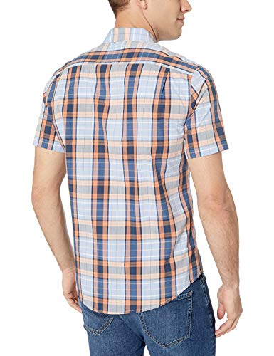 Amazon Essentials Men's Slim-Fit Short-Sleeve Plaid Casual Poplin Shirt, Coral/Navy, Large