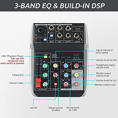 Phenyx Pro USB Audio Interface Mixer, 4-Channel, 3-Band EQ, Echo Effects, Audio Mixer with Interface to PC for Music Recording, Ideal for Live Streaming, Recording (PTX-10)