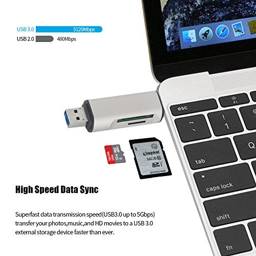 3 in 1 Card Reader,USB Type C, Micro-USB & USB Combo to 2-Slot TF/SD Card Reader OTG Card Adapter, Supporting Simultaneous Read and Write(Silver)