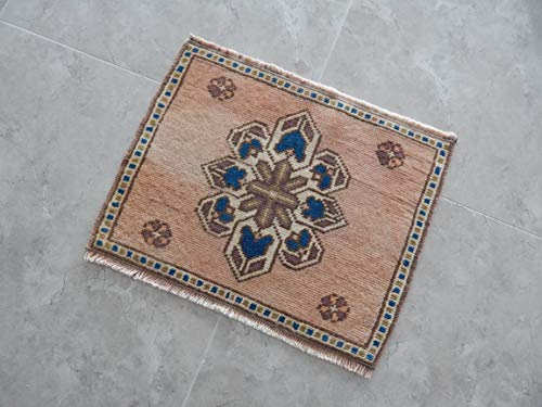Turkish Oushak Square Kitchen and Bathroom Mat, Miniature Petite Boho Rug, Bohemian Handwoven Rugs, Mini Area Rug Table Carpet 17'' x 21'' (42 x 54 Cm)