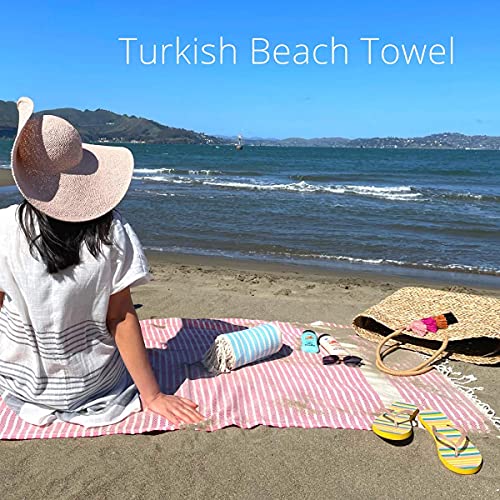Beach Set: Turquoise and Green Turkish Beach Towel with Travel Bag + Pink Hasir Turkish Towel Blanket