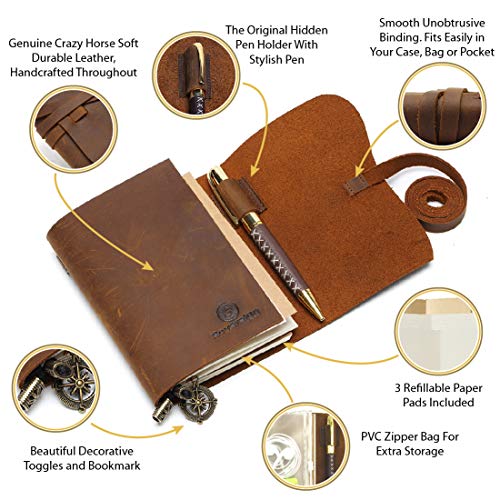 Small Pocket Refillable Travellers Notebook Handmade Leather Journal AMAZING BUNDLE Vintage Antique Genuine Leather Travel Diary for Men Women Students TN + Pen Zip Bag Notes Sketching Drawing 14x11cm