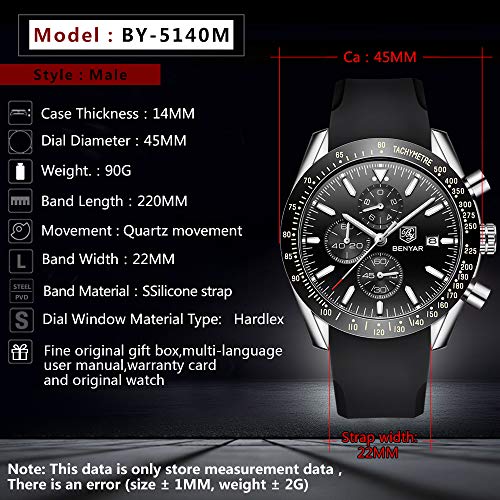 BENYAR - Stylish Wrist Watch for Men, Silicon Strap Watches, Perfect Quartz Movement, Waterproof and Scratch Resistant, Analog Chronograph Business Watches, Best Mens Gift.