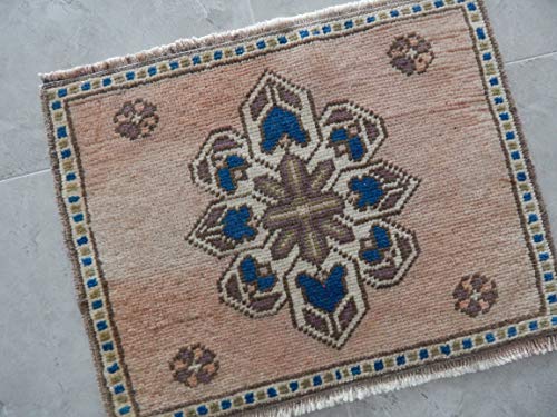 Turkish Oushak Square Kitchen and Bathroom Mat, Miniature Petite Boho Rug, Bohemian Handwoven Rugs, Mini Area Rug Table Carpet 17'' x 21'' (42 x 54 Cm)