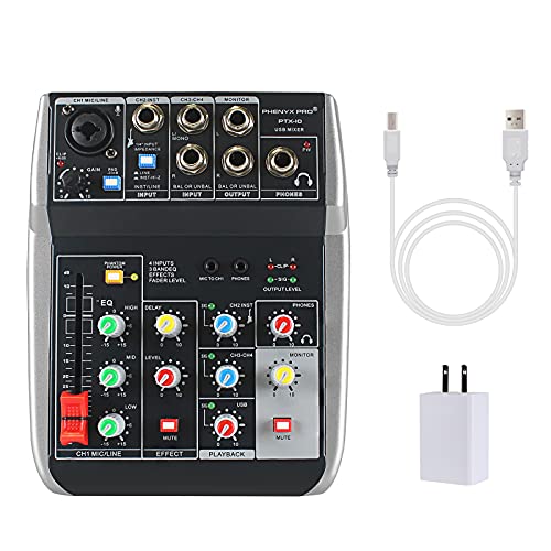 Phenyx Pro USB Audio Interface Mixer, 4-Channel, 3-Band EQ, Echo Effects, Audio Mixer with Interface to PC for Music Recording, Ideal for Live Streaming, Recording (PTX-10)