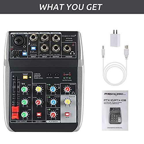Phenyx Pro USB Audio Interface Mixer, 4-Channel, 3-Band EQ, Echo Effects, Audio Mixer with Interface to PC for Music Recording, Ideal for Live Streaming, Recording (PTX-10)